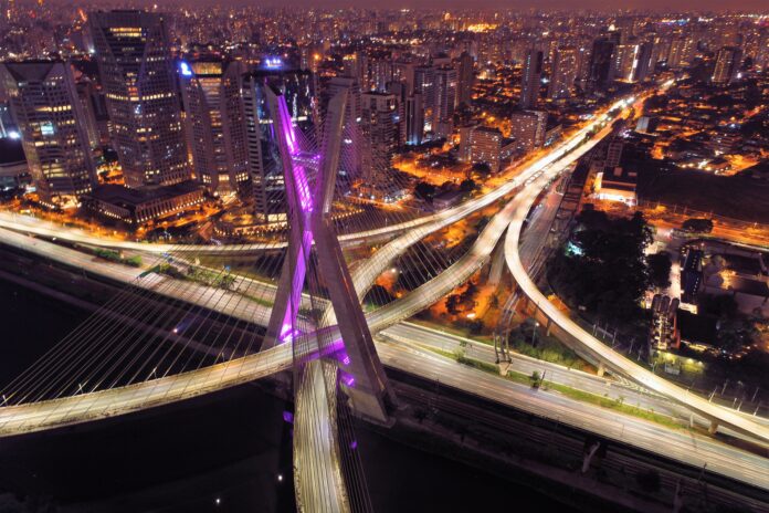 Cable-stayed bridge aerial view. Sao Paulo, Brazil
