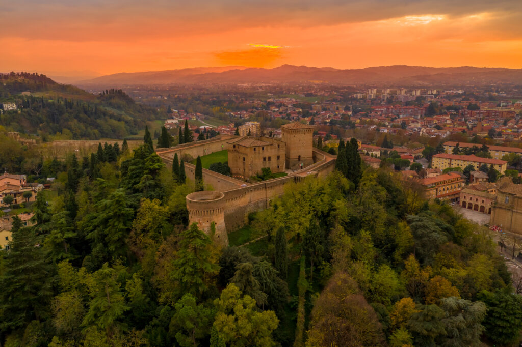 Sunset aerial panorama of Cesena in Emilia Romagna Italy