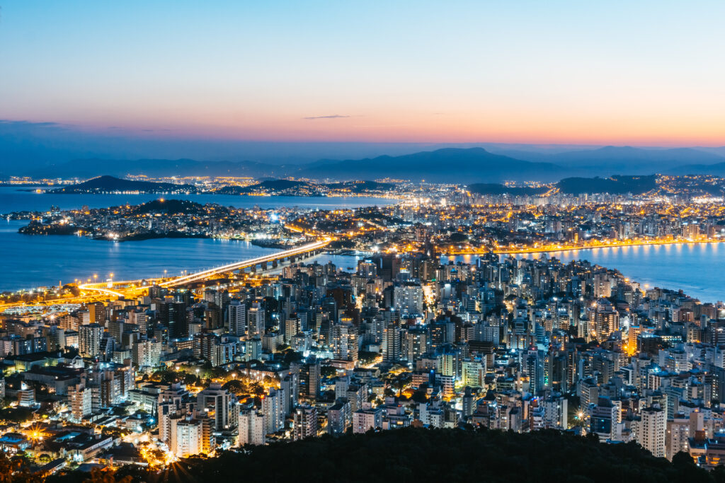 Sunset skyline view of downtown at Florianopolis city in Brazil