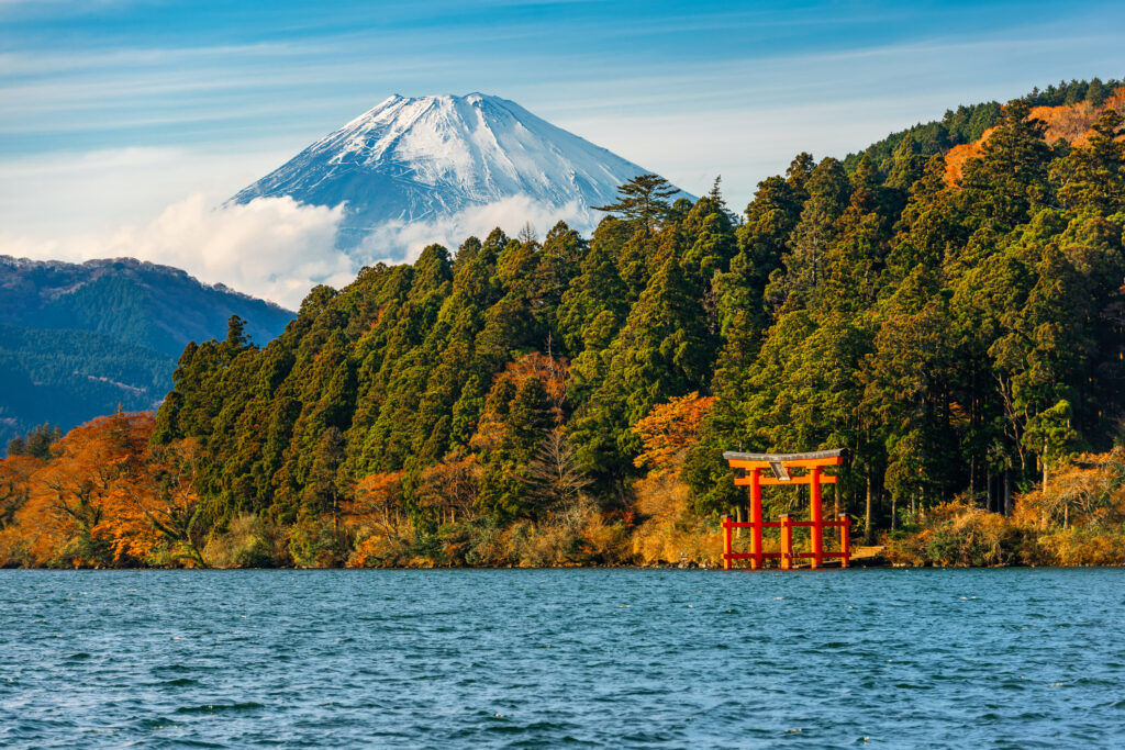 Autumn scene of mountain Fuji, Lake Ashinoko and red Torii gate, Hakone, Japan