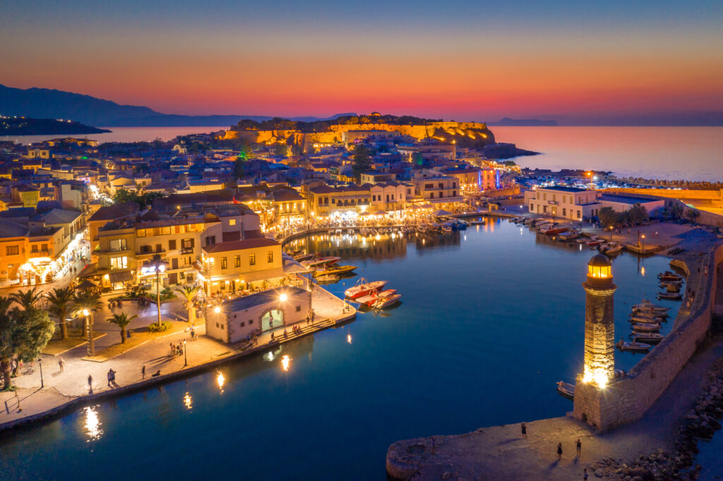 Rethymno town in Crete island in Greece bird's eye view of old Venetian harbor