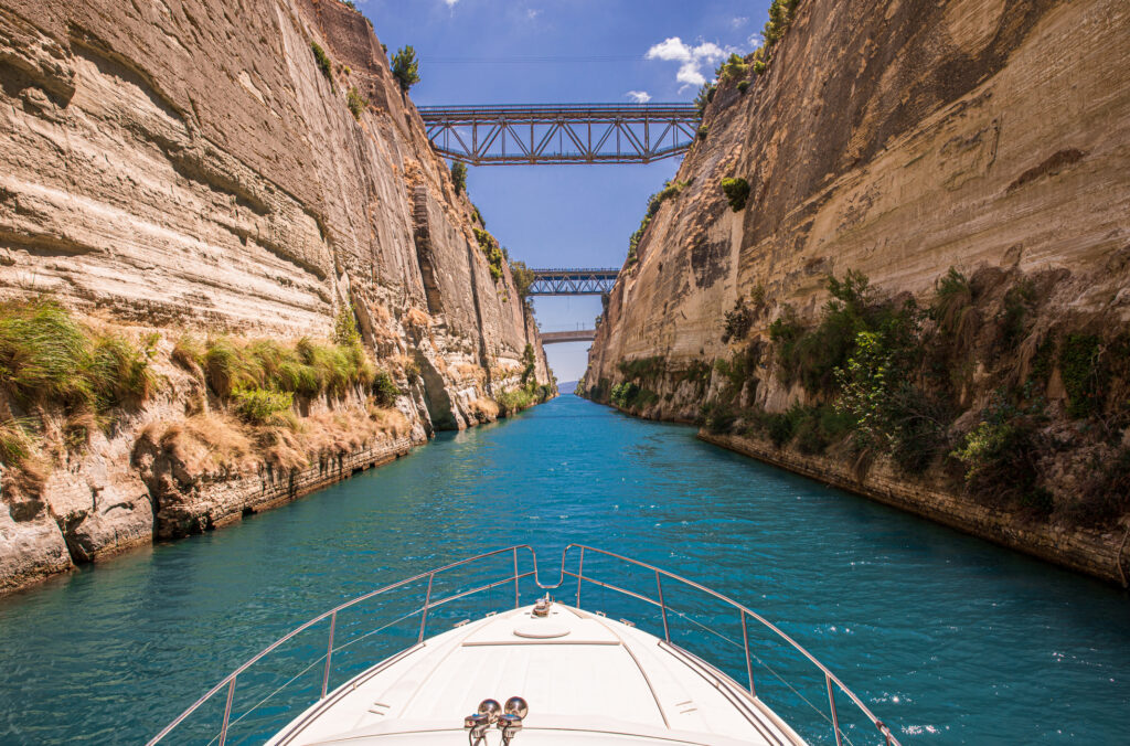 Passing through the Corinth Canal by yacht, Greece