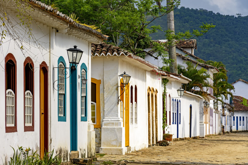 House facade in colonial architecture on cobblestone street in historical town Paraty