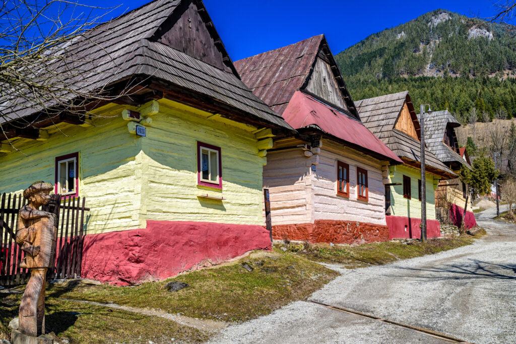 Colorful wooden cottages in village Vlkolinec, Slovakia