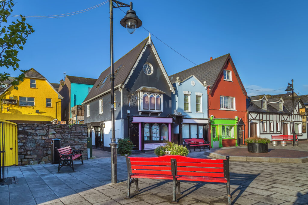 Small square with bright colored houses in Kinsale, Ireland