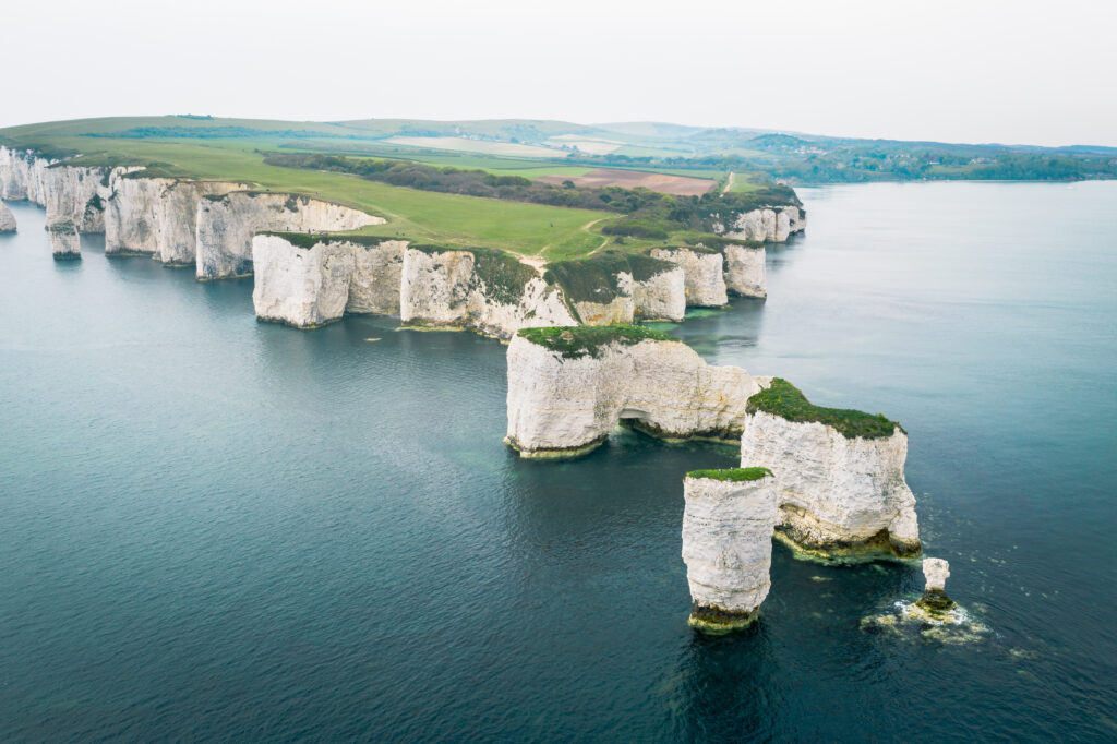 Aerial view of Old Harry Rocks in Dorset, England