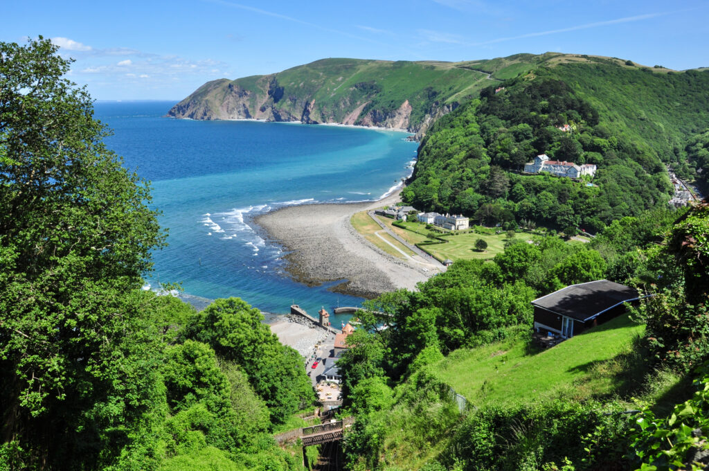 Lynmouth looking towards Foreland Point from Lynton, North Devon, England, UK