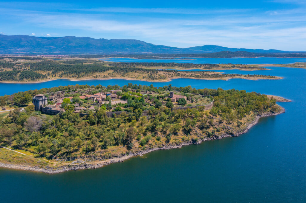 Aerial view of Granadilla fortified village in Spain