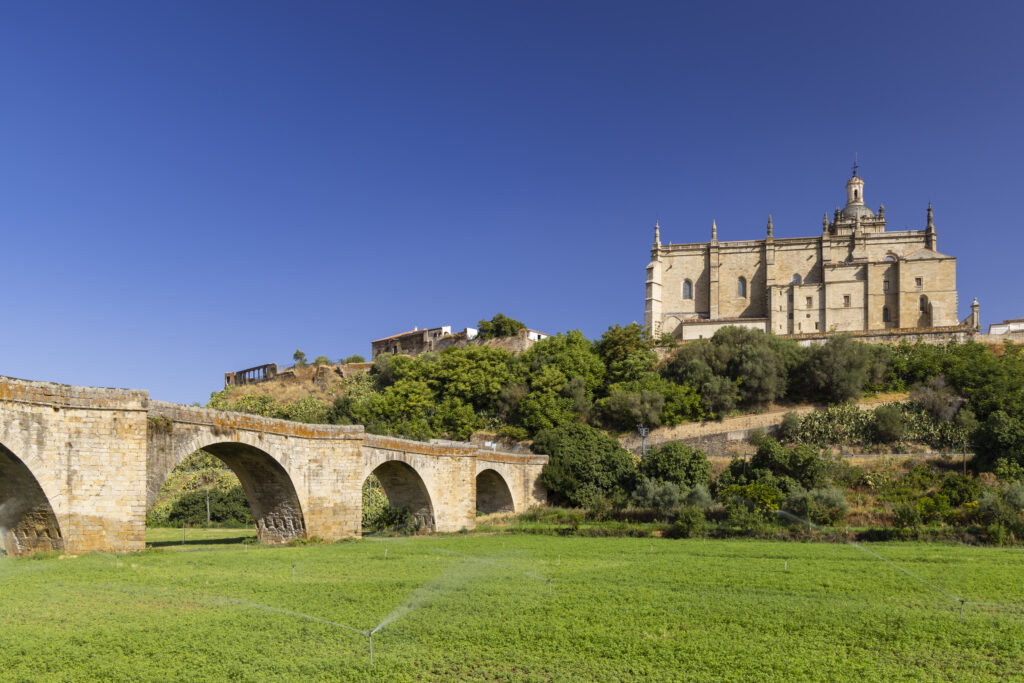 Roman Bridge and Cathedral, Coria, Caceres province, Extremadura, Spain