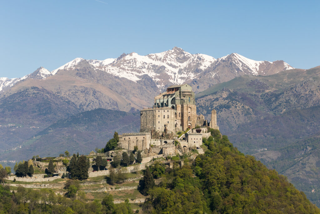 iew of the Sacra di San Michele Saint Michael`s Abbey ,religious complex, under Benedictine rule,in Piedmont, Italy