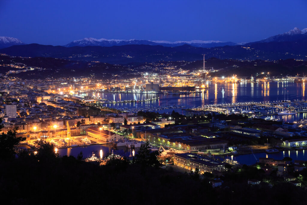 View of La Spezia harbor at night. Liguria, Italy