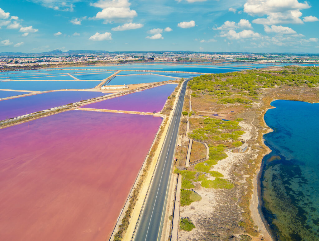 Pink lake in San Pedro del Pinatar city, Spain