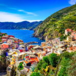 Scenic view of colorful village Vernazza and ocean coast in Cinque Terre, Italy