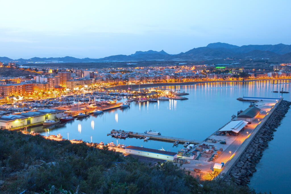 Puerto de Mazarron illuminated at dusk, Province of Murcia, Spain