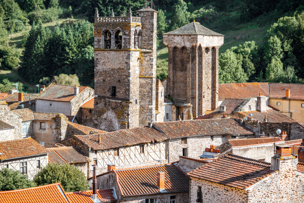 Top cityscape view on Blesle village during the sunset in Auvergne region, France