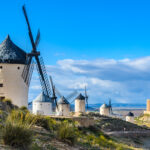 Traditional windmills and the Castle, Consuegra, Castilla-La Mancha, Spain