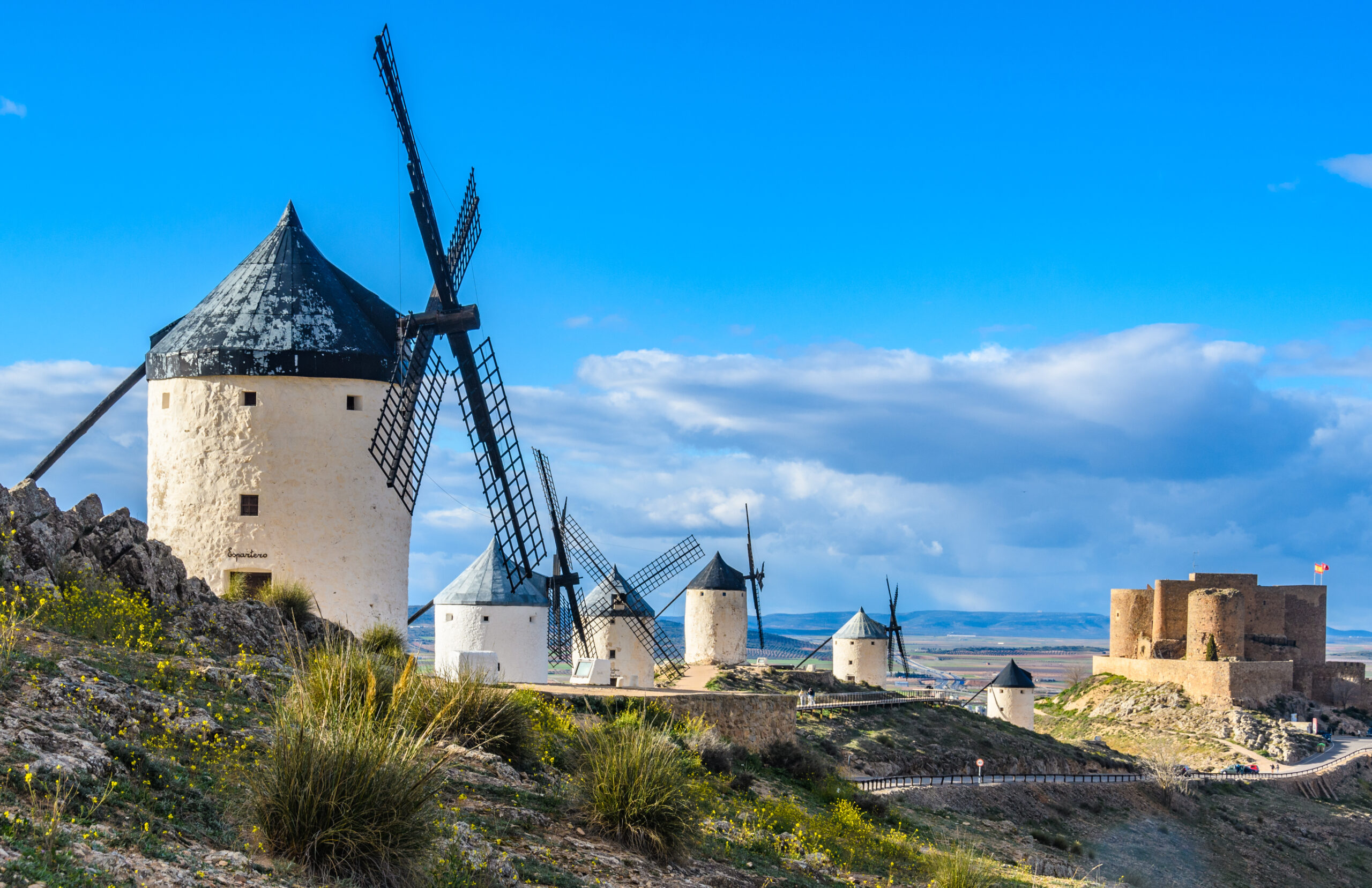 Traditional windmills and the Castle, Consuegra, Castilla-La Mancha, Spain