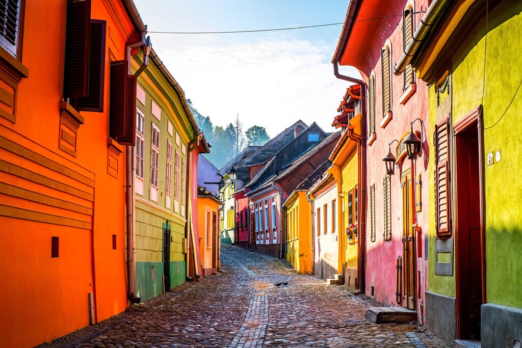 Medieval street view in Sighisoara , Romania