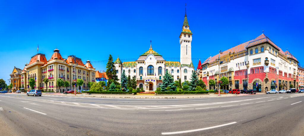 Targu-Mures, Romania, Europe. Street view of the Administrative palace and the Culture palace