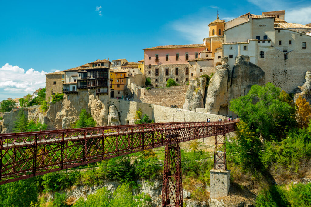 Cuenca, Spain. San Pablo bridge and hanging houses on a clear day