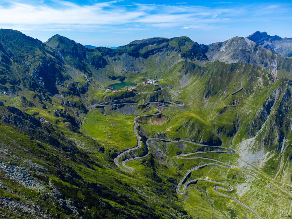 An aerial view of the Transfagarasan road with Fagaras Mountains, Romania in summer