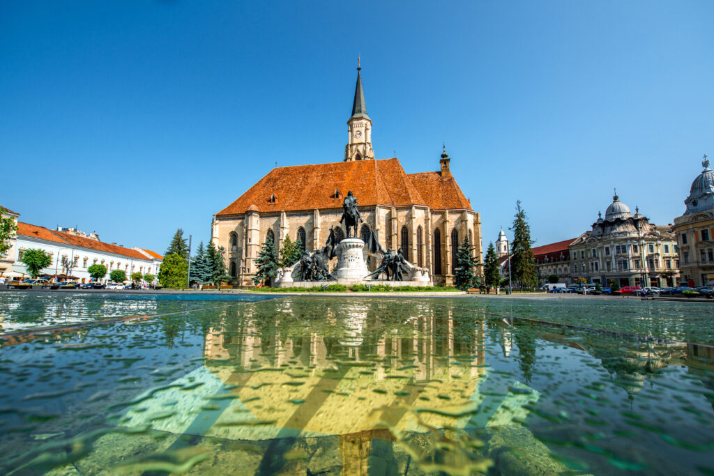 St. Michael's church and Matthias Corvinus monument in Cluj Napoca in Romania