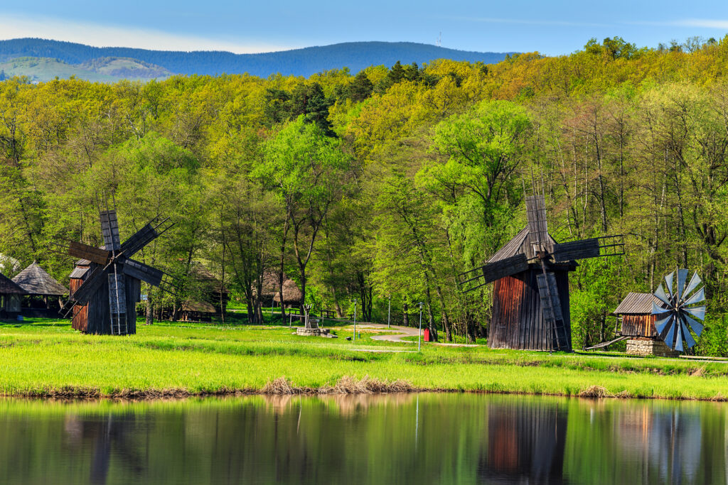 Transylvanian wooden windmills in the Astra Ethnographic Museum, Sibiu, Romania, Transylvania