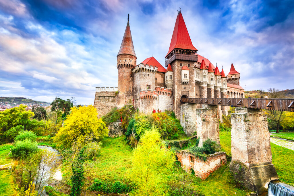 Beautiful panorama of the Corvin Castle with wooden bridge, Hunedoara, Transylvania, Romania