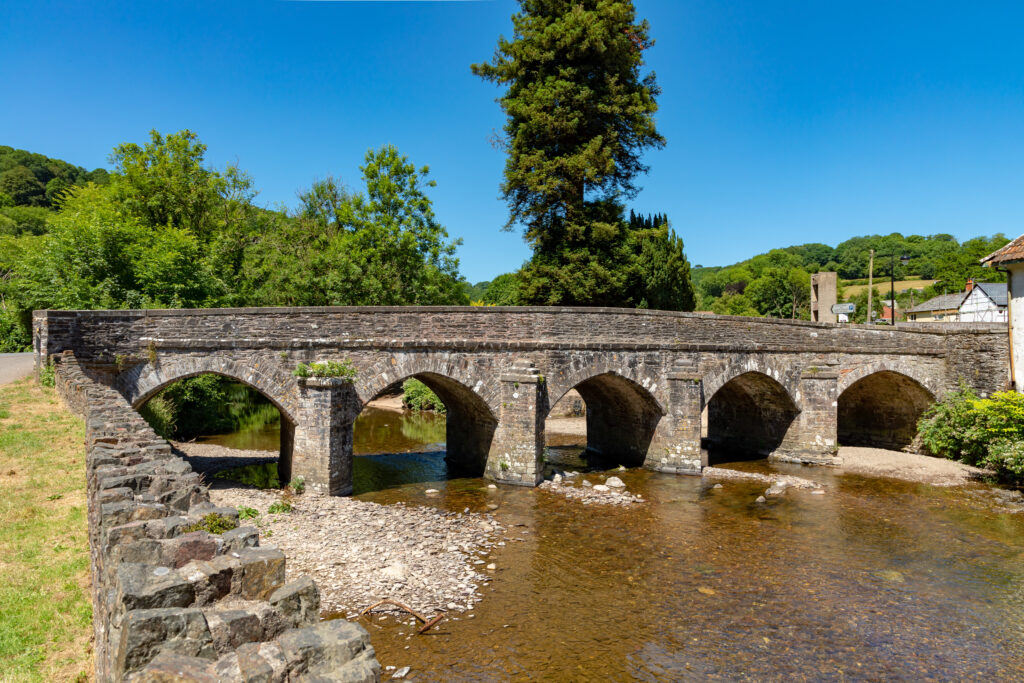 Dulverton, Somerset,
England, Old stone bridge across the River Barle