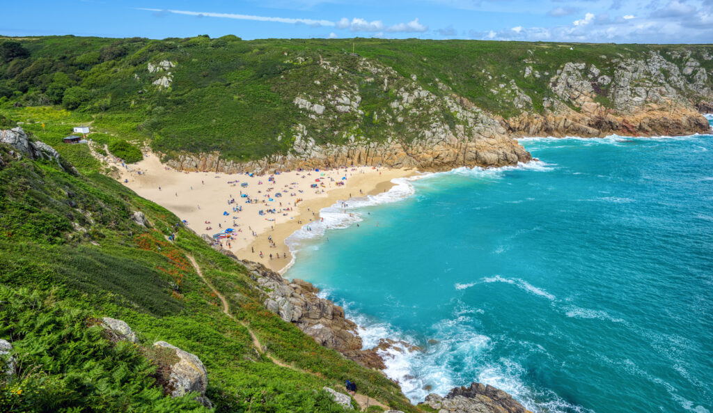 Porthcurno Beach is one of the most scenic and popular sand beaches in Cornwall, England, United Kingdom