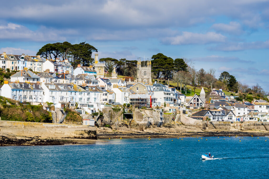 Views across the river to Fowey from Polruan Block House Cornwall England UK
