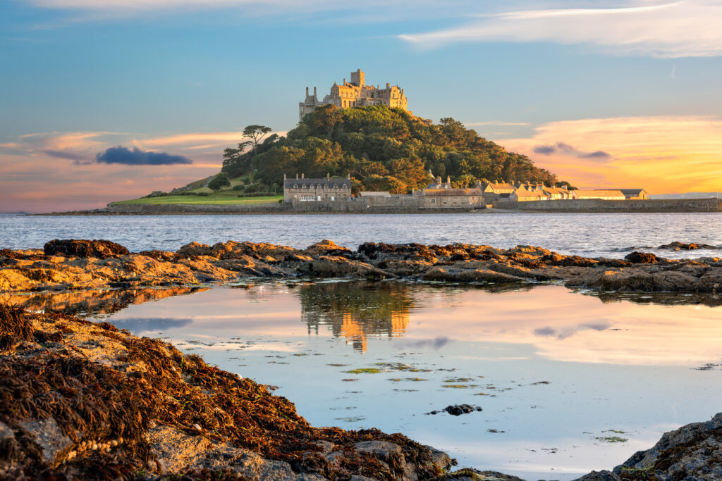 View of St Michael`s Mount in Cornwall at sunset
