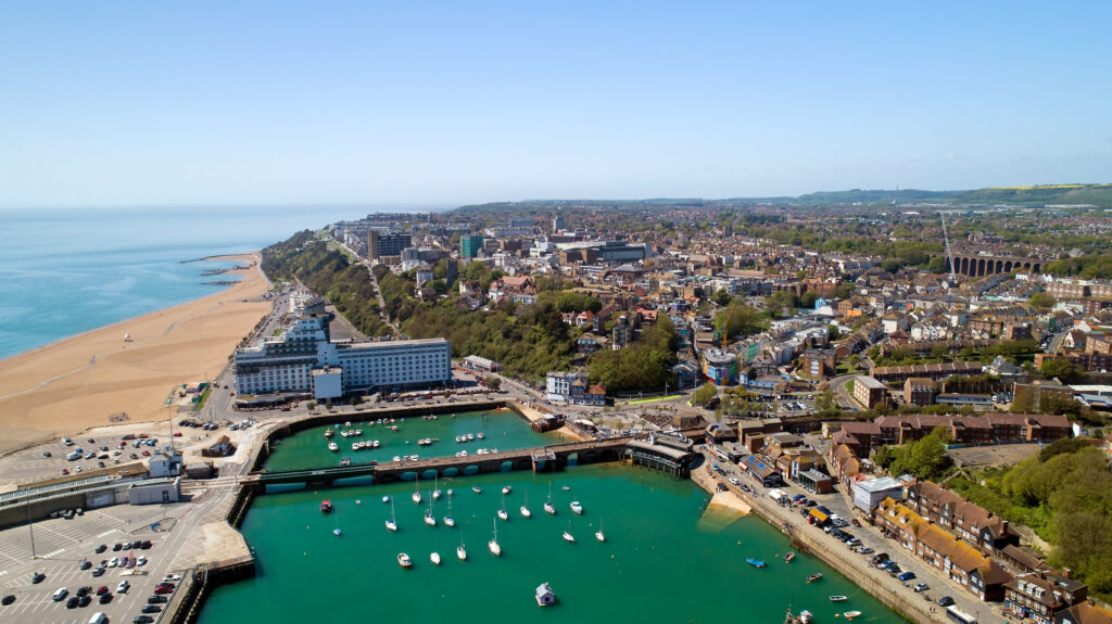Aerial view of Folkestone city harbor, Kent, England