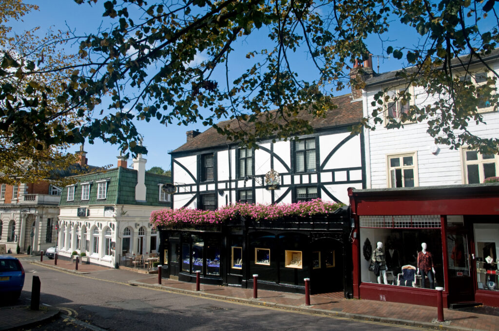The buildings of royal Tunbridge Wells in Kent in England