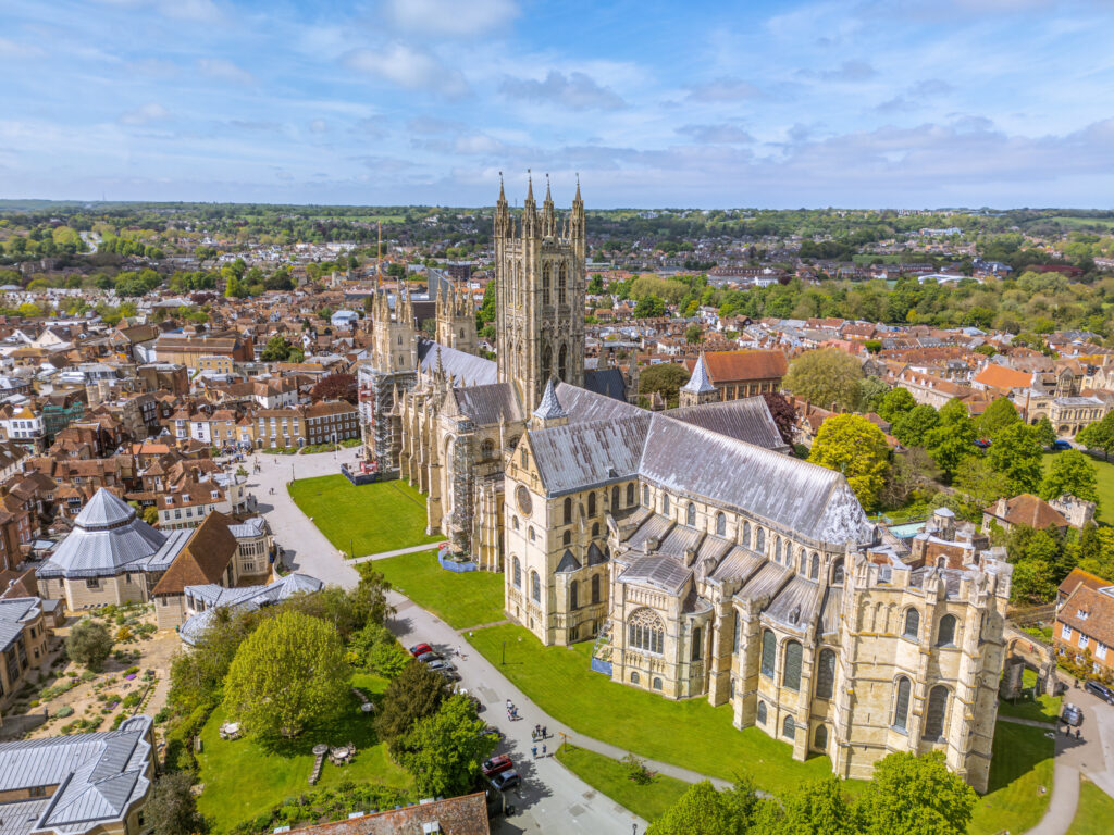 The drone aerial view of Canterbury Cathedral, England
