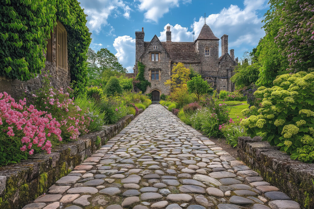 A picturesque view of Sissinghurst Castle and its famous gardens in Kent, England