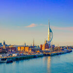 Portsmouth, England, view from a ferry arriving at Portsmouth port in the late evening