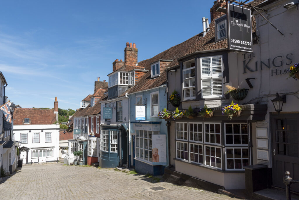 Colourful properties on a street in Lymington a small town in the New Forest area of southern England