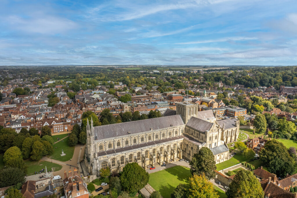 Aerial view of Winchester Cathedral and city, England