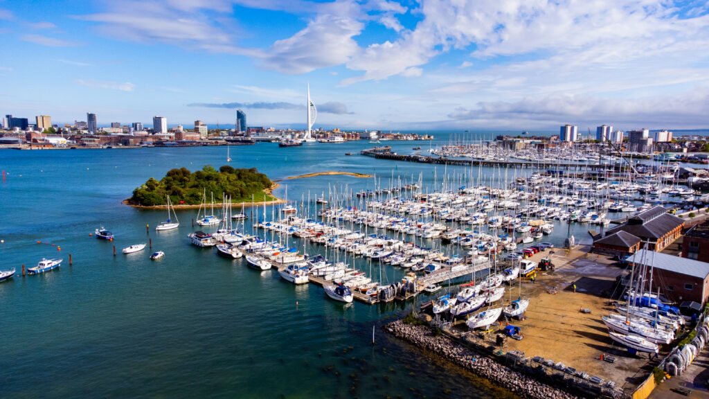 Aerial view of the Marina of Gosport in Portsmouth Harbor, England, UK