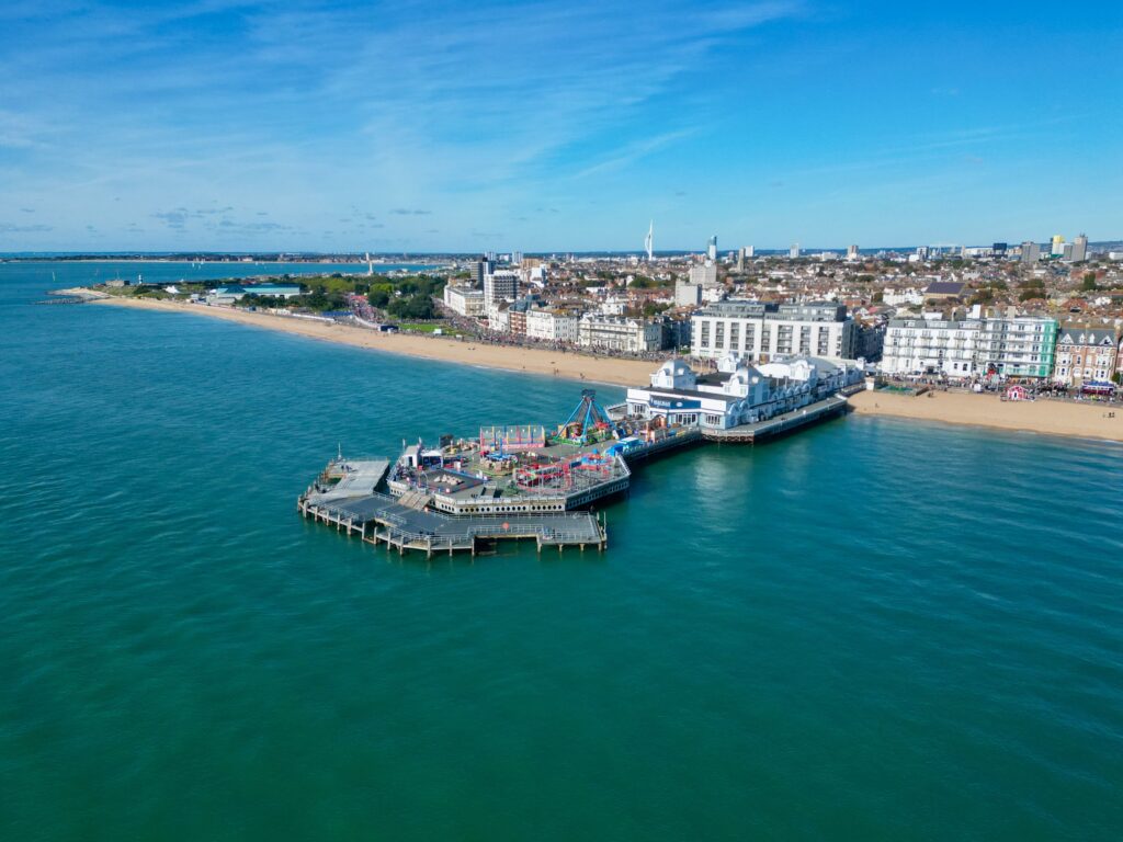 Aerial view of South Parade Pier in Portsmouth, UK