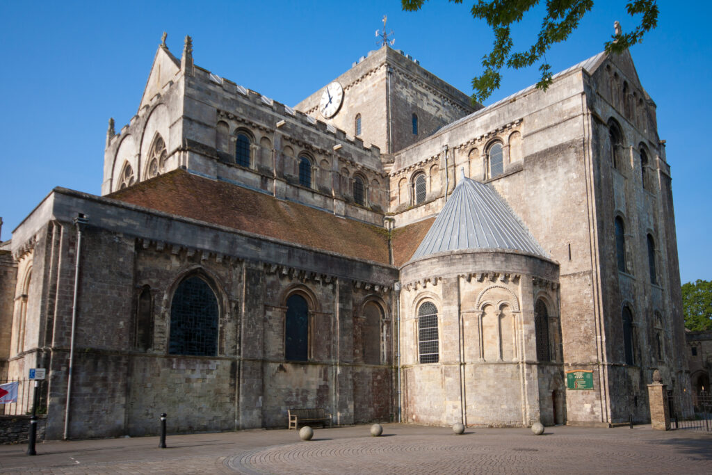 Romsey Abbey in summer sunshine early in the morning