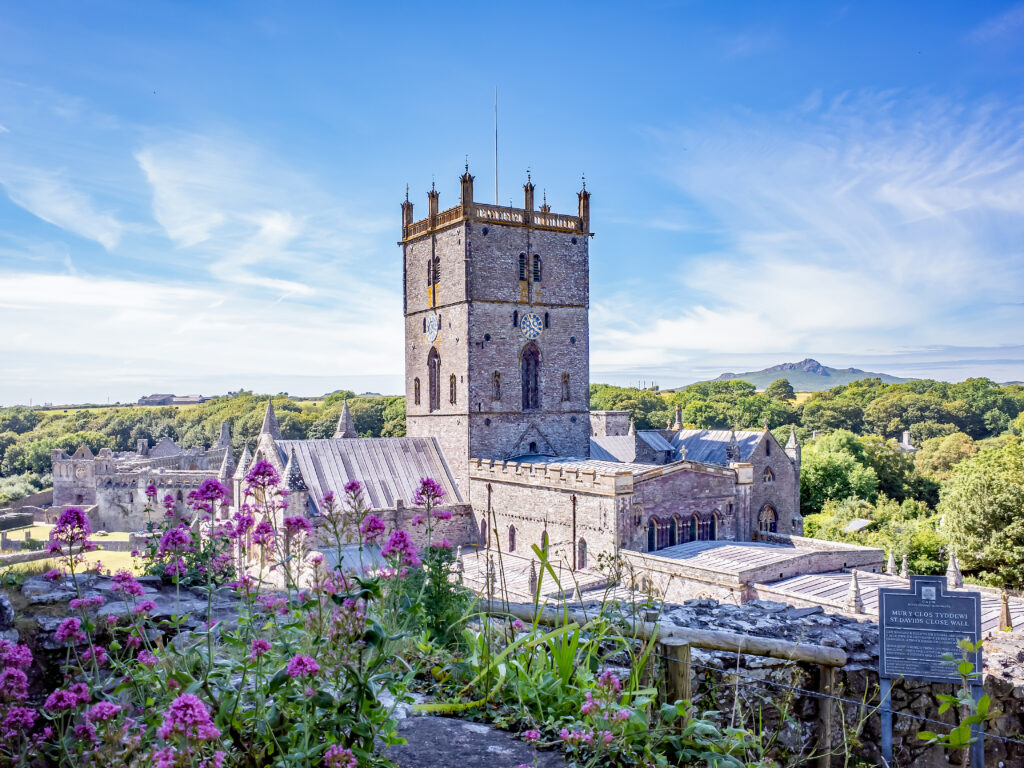 The cathedral, St Davids, Wales on a bright blue day