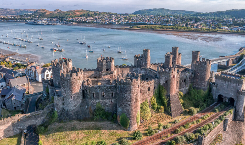 Aerial view with Conwy town and the medieval castle