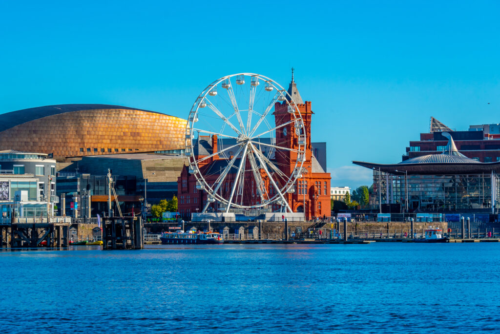 Skyline of Cardiff bay and Mermaid Quay in Wales, UK