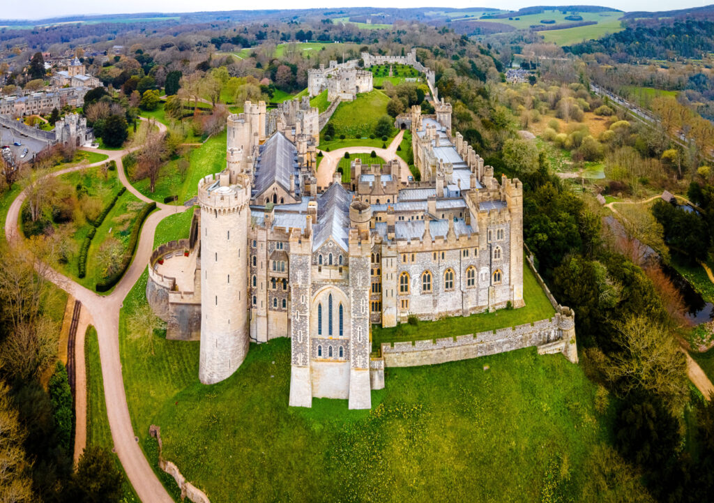 The aerial view of ancient castle in Arundel, a market town in West Sussex, England, UK