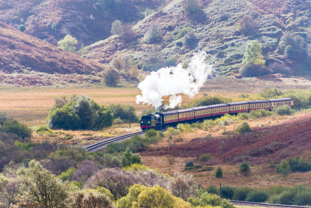Steam train on the North York Moors Steam railway at Goathland, heading for Whitby
