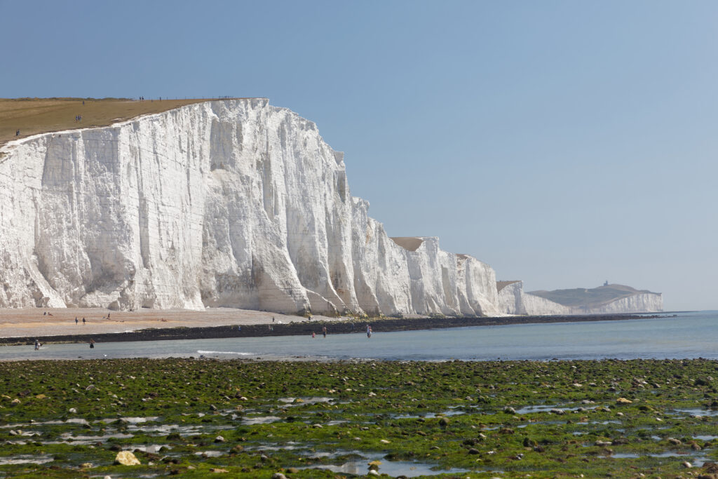 Distant people sunbathing having the white chalk cliffs in the Seven Sisters Country Park in the background