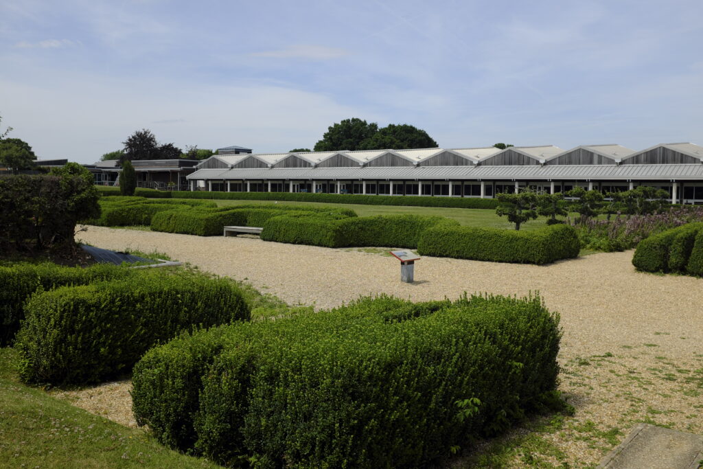 Panoramic view of the gardens outside the Fishbourne Roman Palace,near Chichester