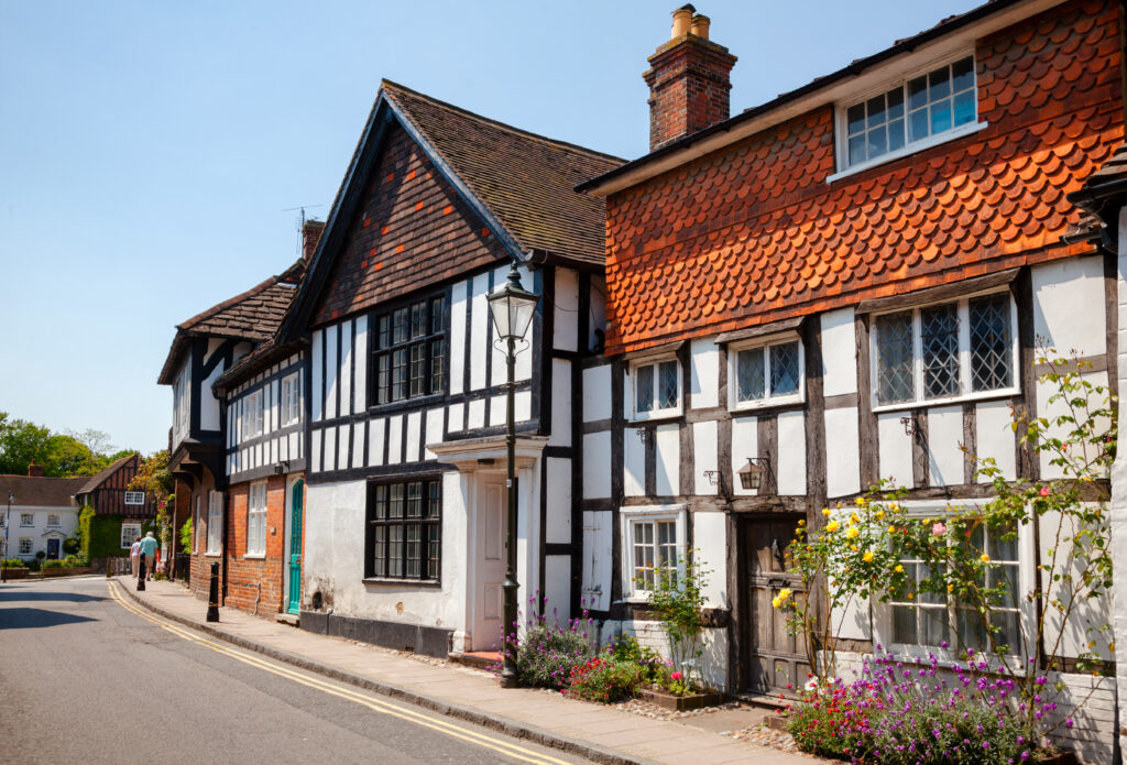 Old Tudor style timber-framed slate roof english house in Steyning West Sussex South East England UK